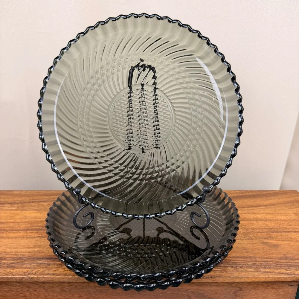 Libbey Black Swirl Glass Dinner Plates Smoke Gray Scalloped Rim Set of 3